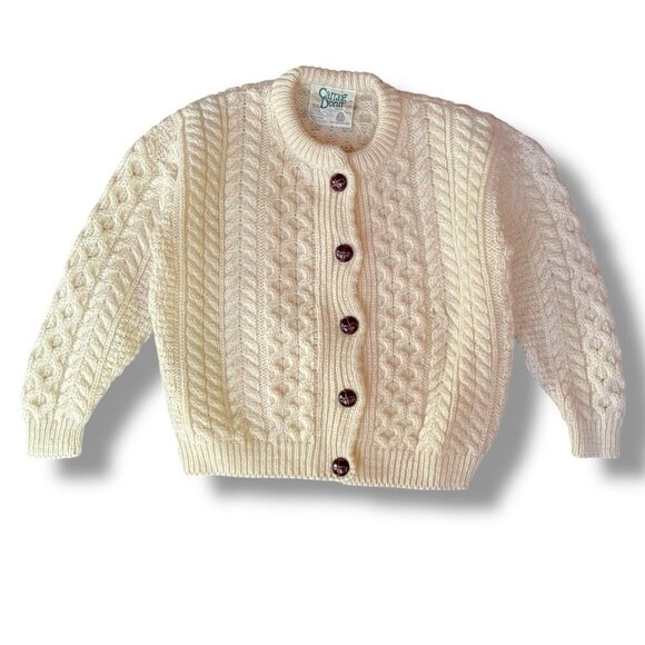 Vintage Carraig Donn Kids Sweater Sz Large Cream Wool Irish Cable Knit Cardigan - Picture 1 of 6
